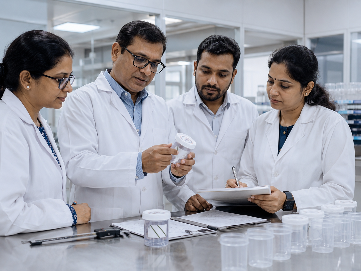 Samiko quality team examining a sterile sample collection container